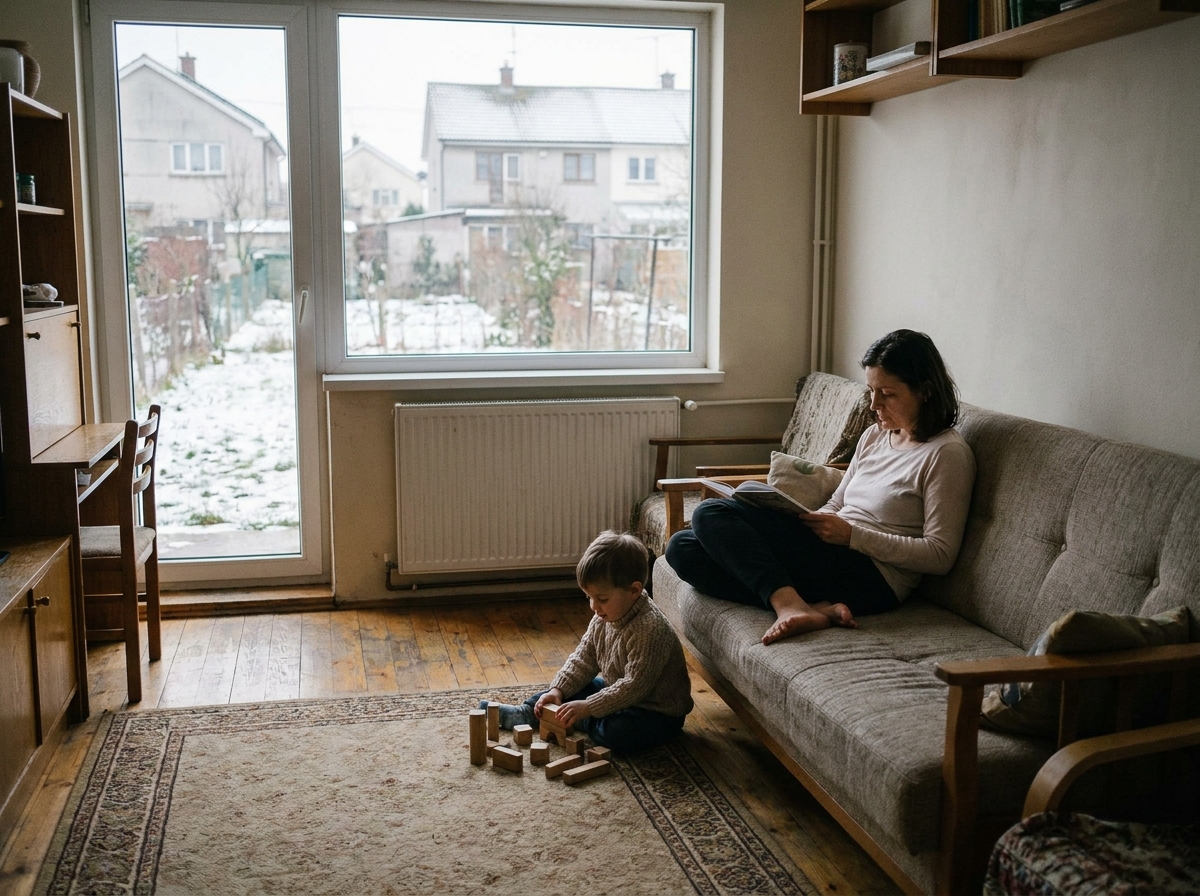 Familie într-o cameră caldă iarna, cu geam fără condens